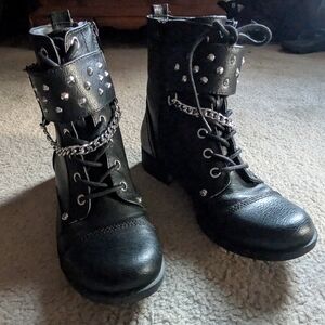 Women's Black Studded Lace-Up Ankle Boots with Chain Accent